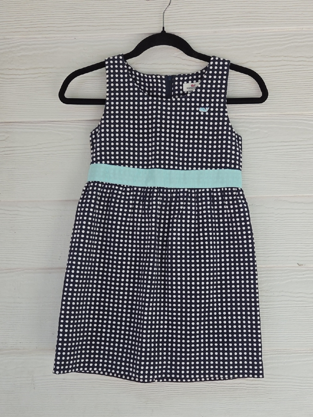 Vineyard Vined Girls Navy Polka Dot Dress with Aqua Waist - Classic Summer Style